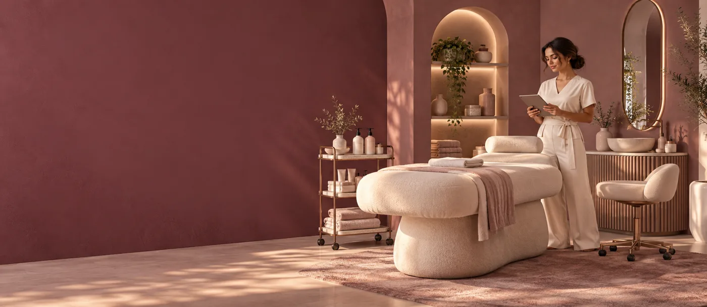 An illustrated beauty practitioner reviewing a tablet in a warm rose and ivory studio.